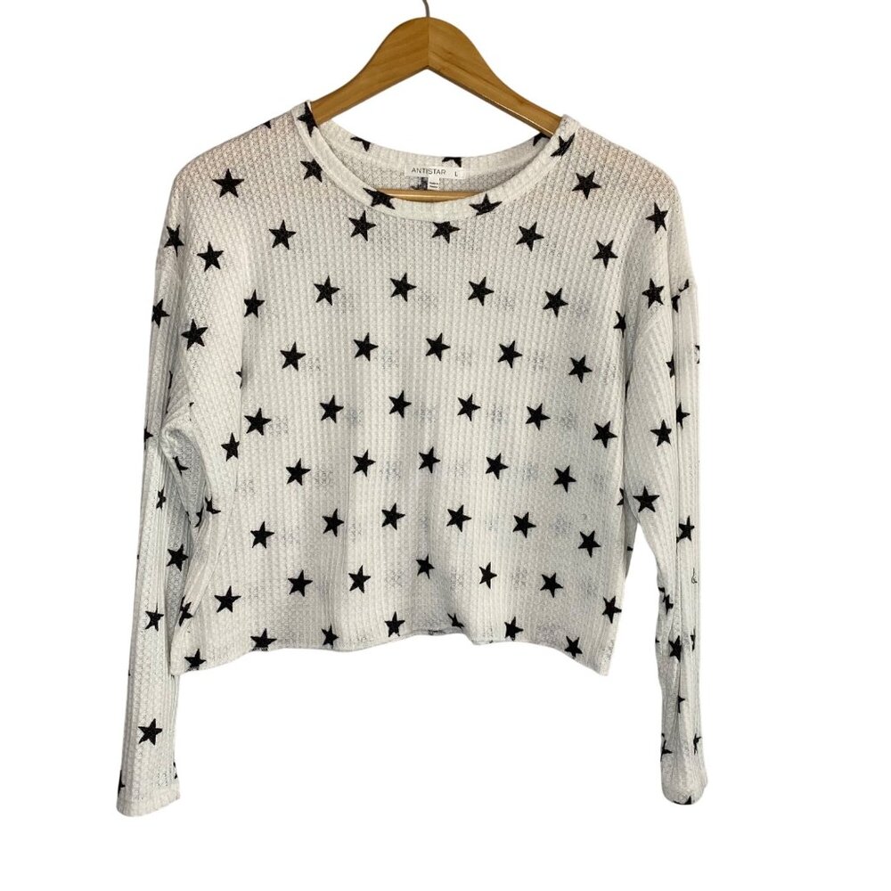 Antistar White Waffle Knit Black Star Cropped Long Sleeve Tee
